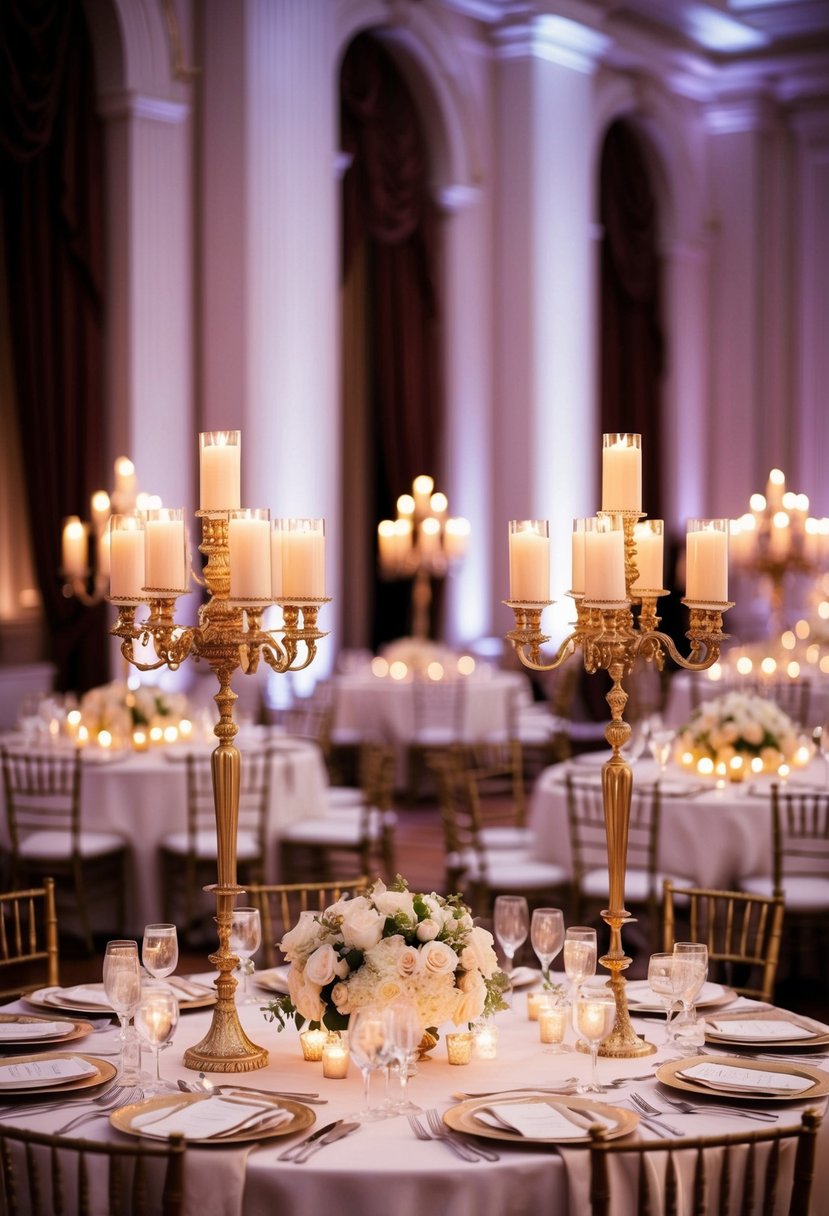 A grand ballroom table adorned with elegant candelabras, casting a warm glow over the opulent wedding decor