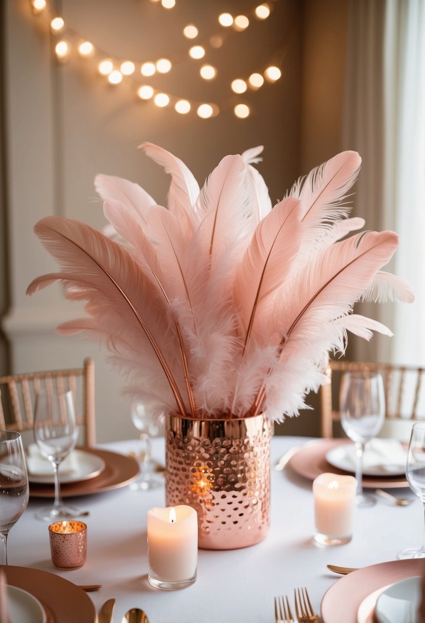 Rose gold-dipped feathers arranged in a centerpiece on a wedding table, surrounded by delicate rose gold accents and soft candlelight