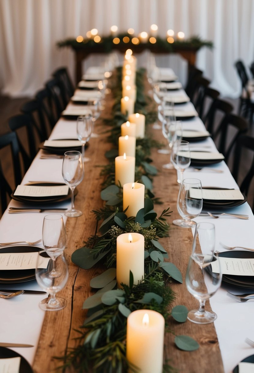 A rustic wooden table runner adorned with greenery and candles, set on a long wedding reception table