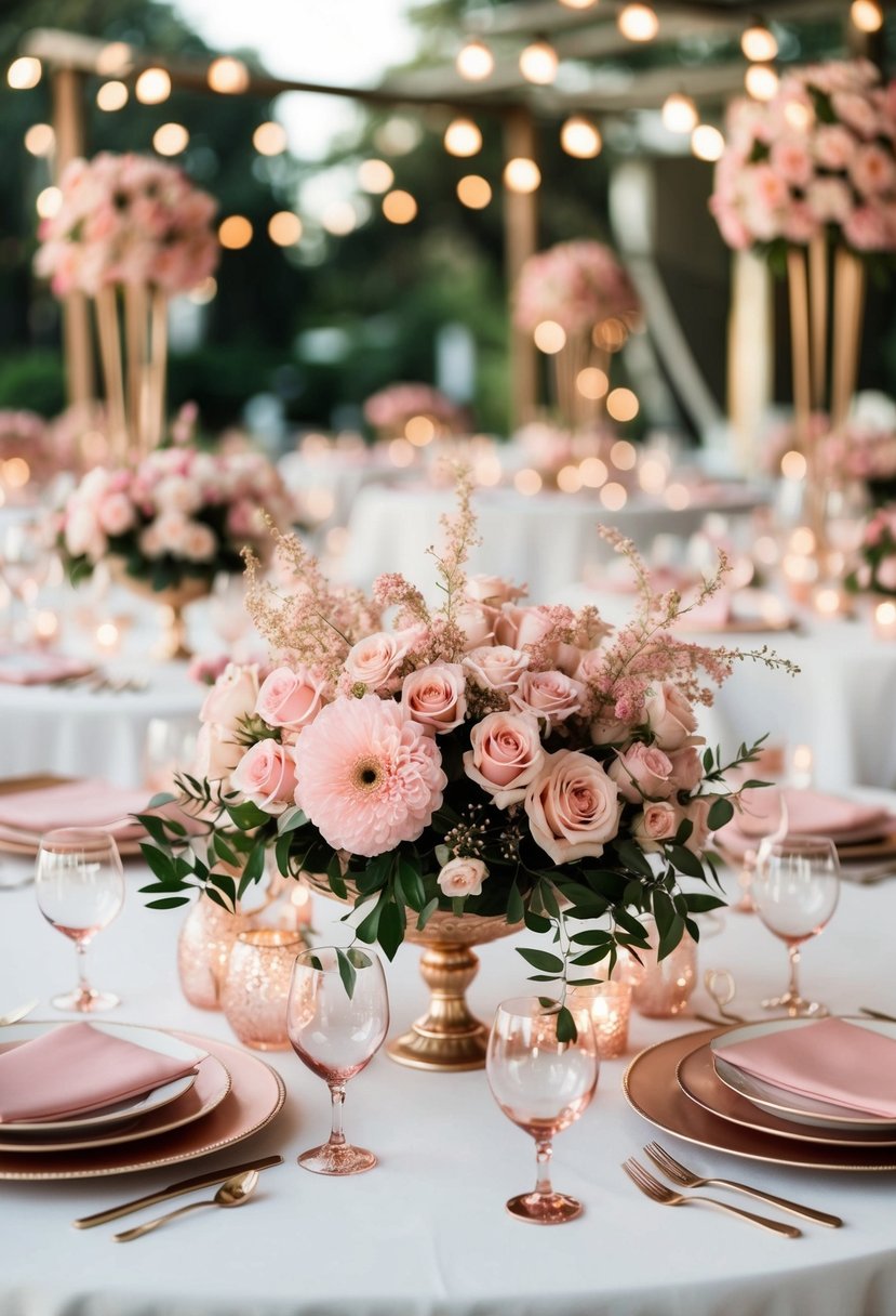 A table adorned with pink and rose gold floral arrangements for a wedding