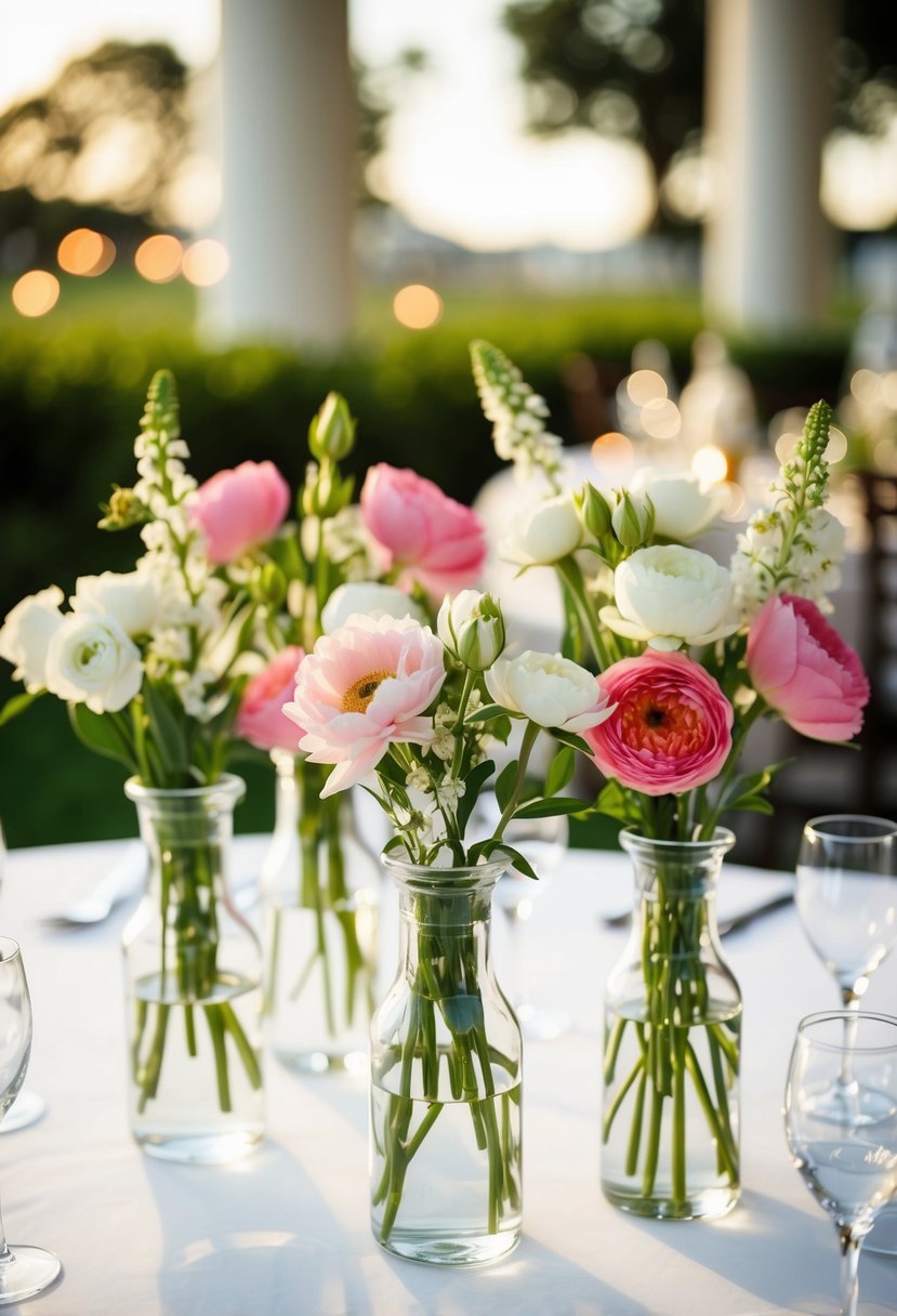 Glass bud vases filled with fresh blooms arranged on a wedding table