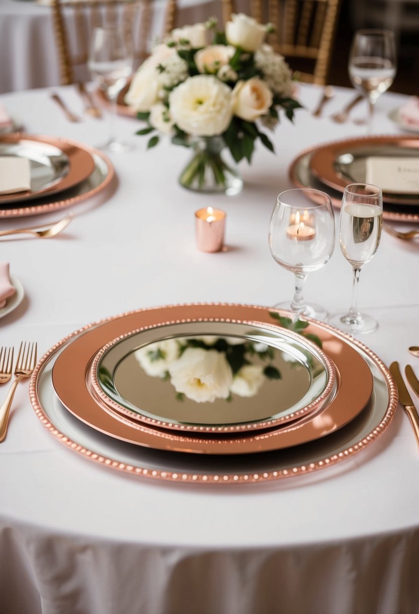 Mirror plates with rose gold trim reflect elegant table settings at a wedding reception