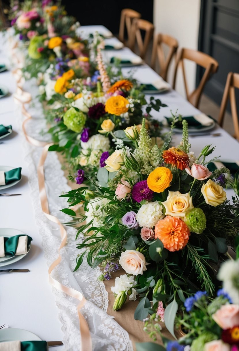 A table covered in assorted colorful flowers and greenery, with ribbons and lace, creating a beautiful array of potential wedding bouquets