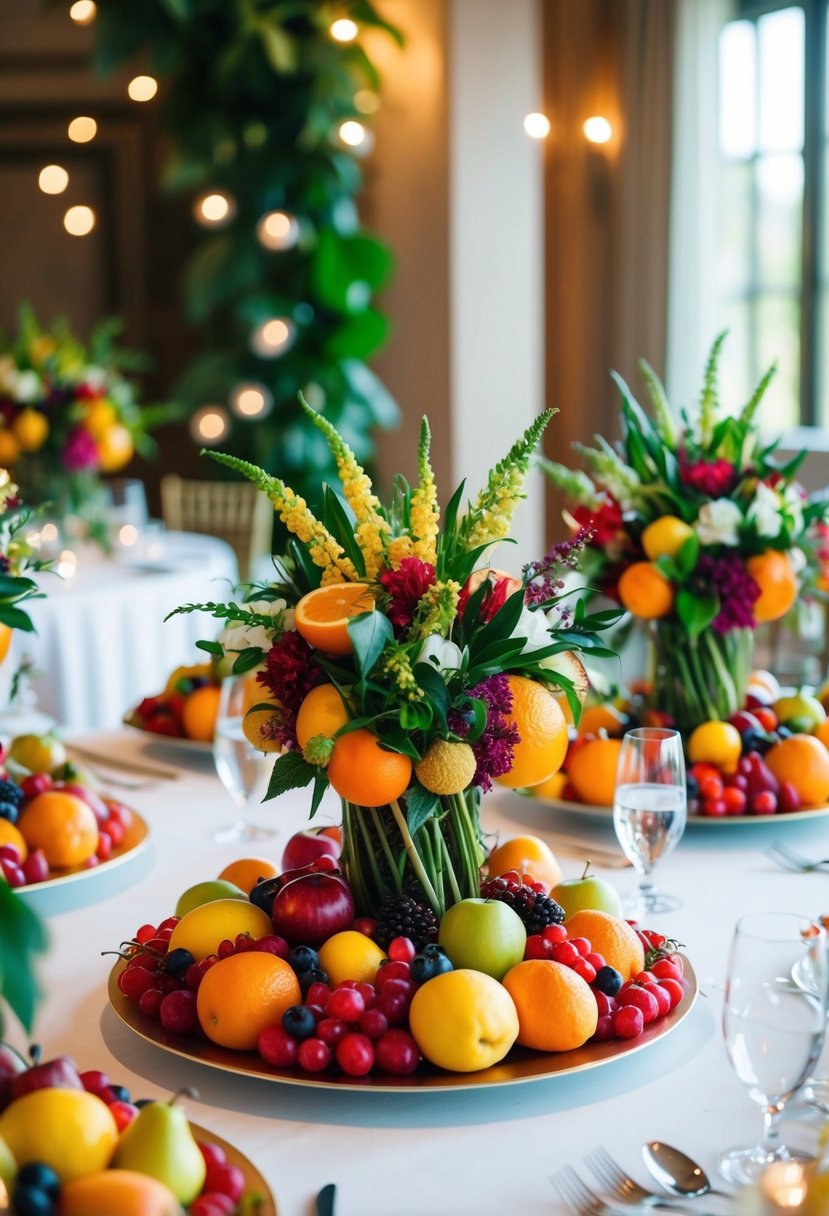 A table adorned with vibrant seasonal fruit arrangements, serving as elegant wedding decorations