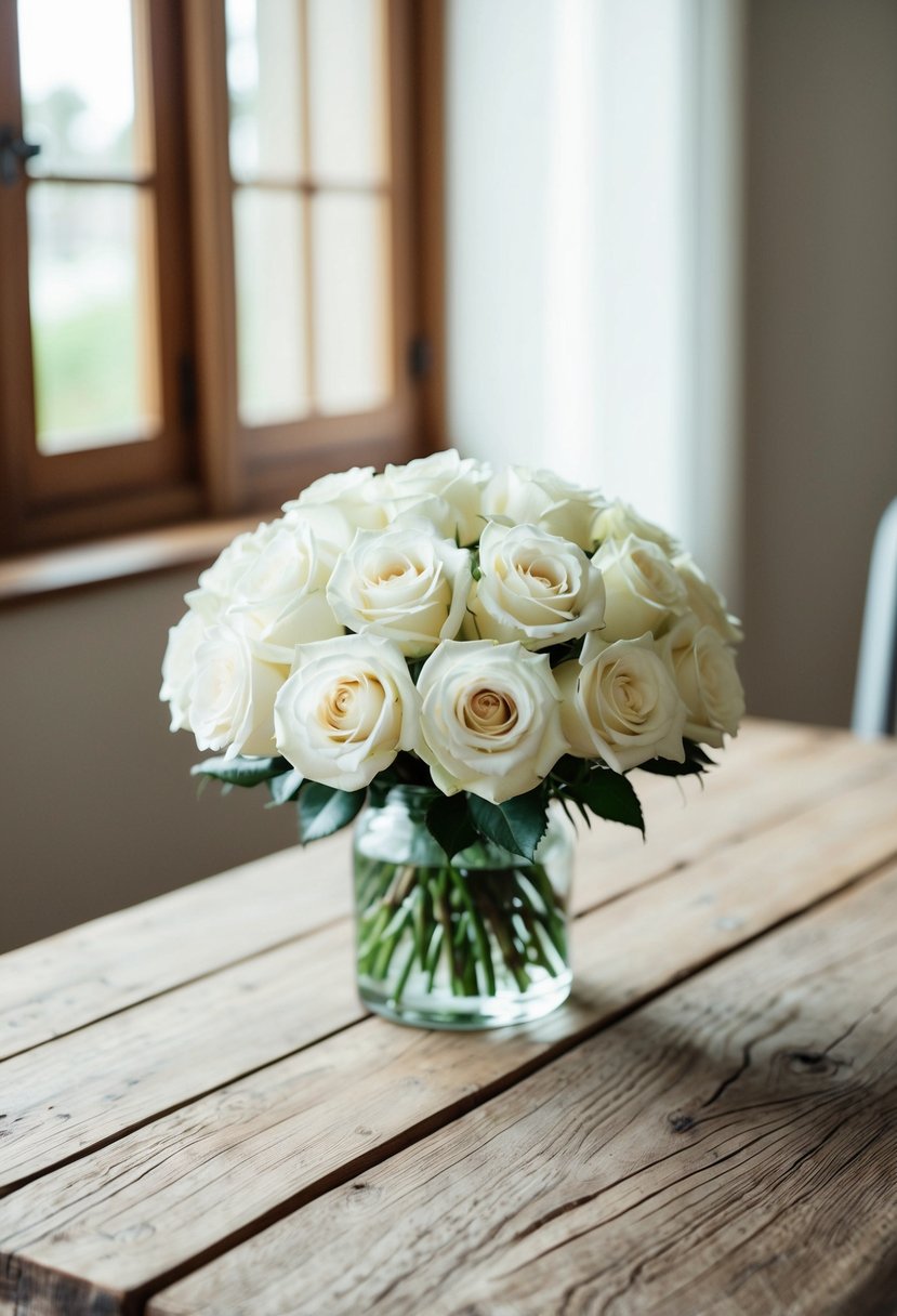 A classic white rose bouquet sits on a rustic wooden table, surrounded by soft natural light