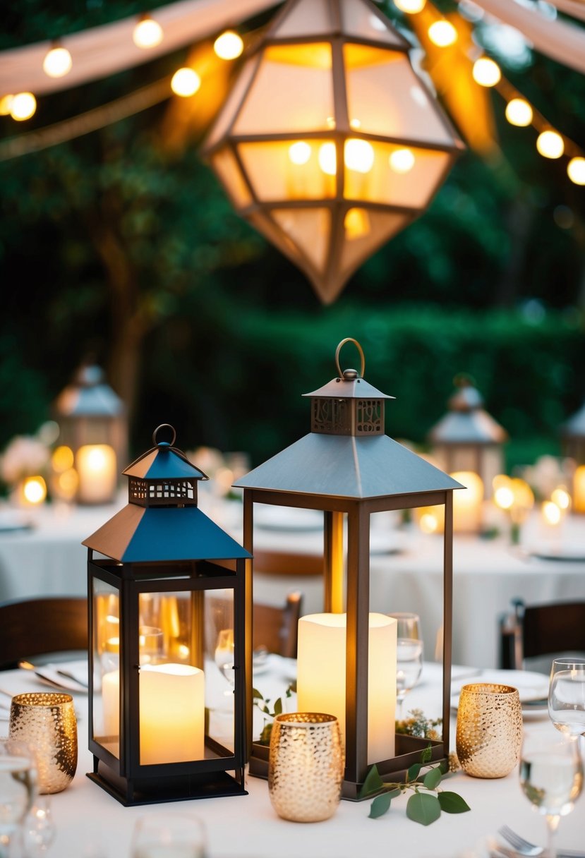 A table adorned with mixed metal lanterns, casting a warm glow over the elegant wedding decor