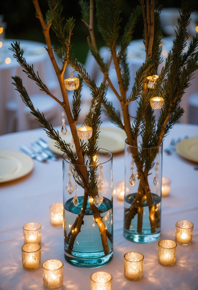 Manzanita branches arranged in glass vases with hanging crystals, surrounded by flickering tea lights on a white tablecloth