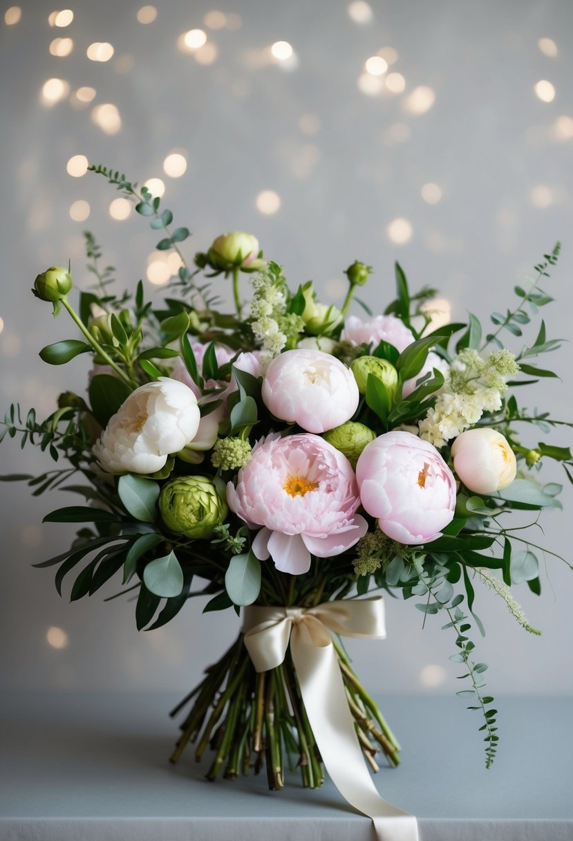 A lush bouquet of peonies and ranunculus, arranged with delicate foliage and tied with a satin ribbon