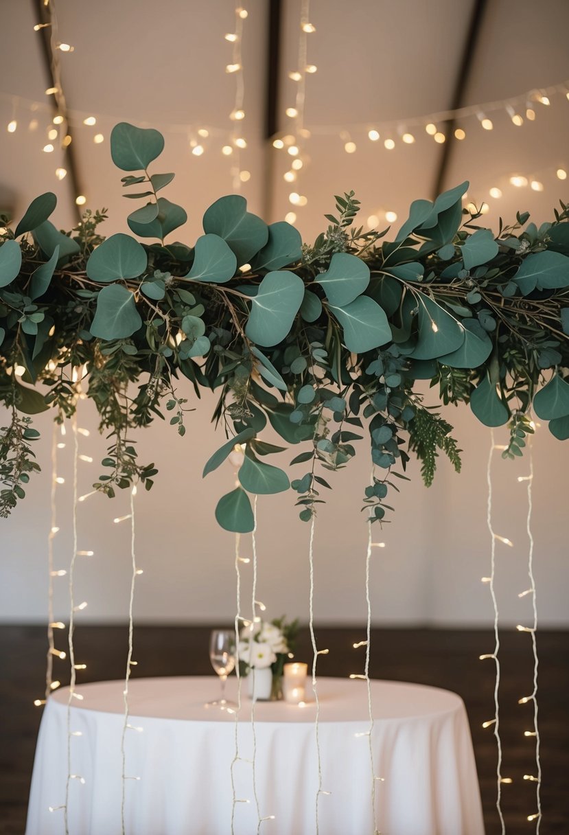 Eucalyptus garlands draped with twinkling fairy lights adorn a wedding table, creating a romantic and enchanting atmosphere