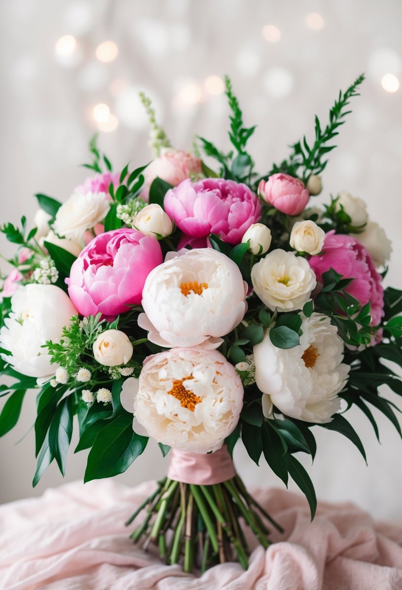 A lush bouquet of peonies and roses in various shades of pink and white, accented with vibrant greenery, set against a soft, romantic background