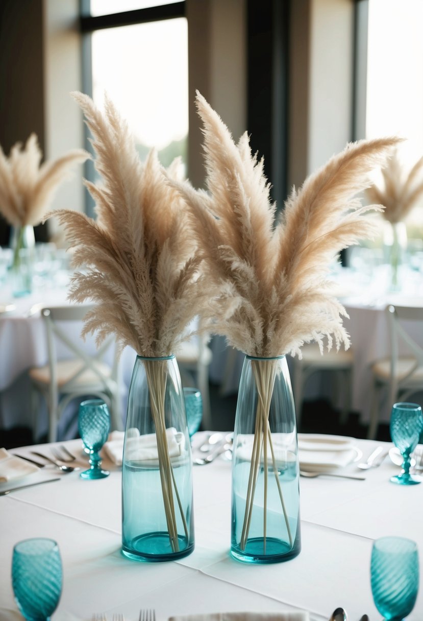 Tall glass vases filled with fluffy pampas grass arranged as wedding table decorations