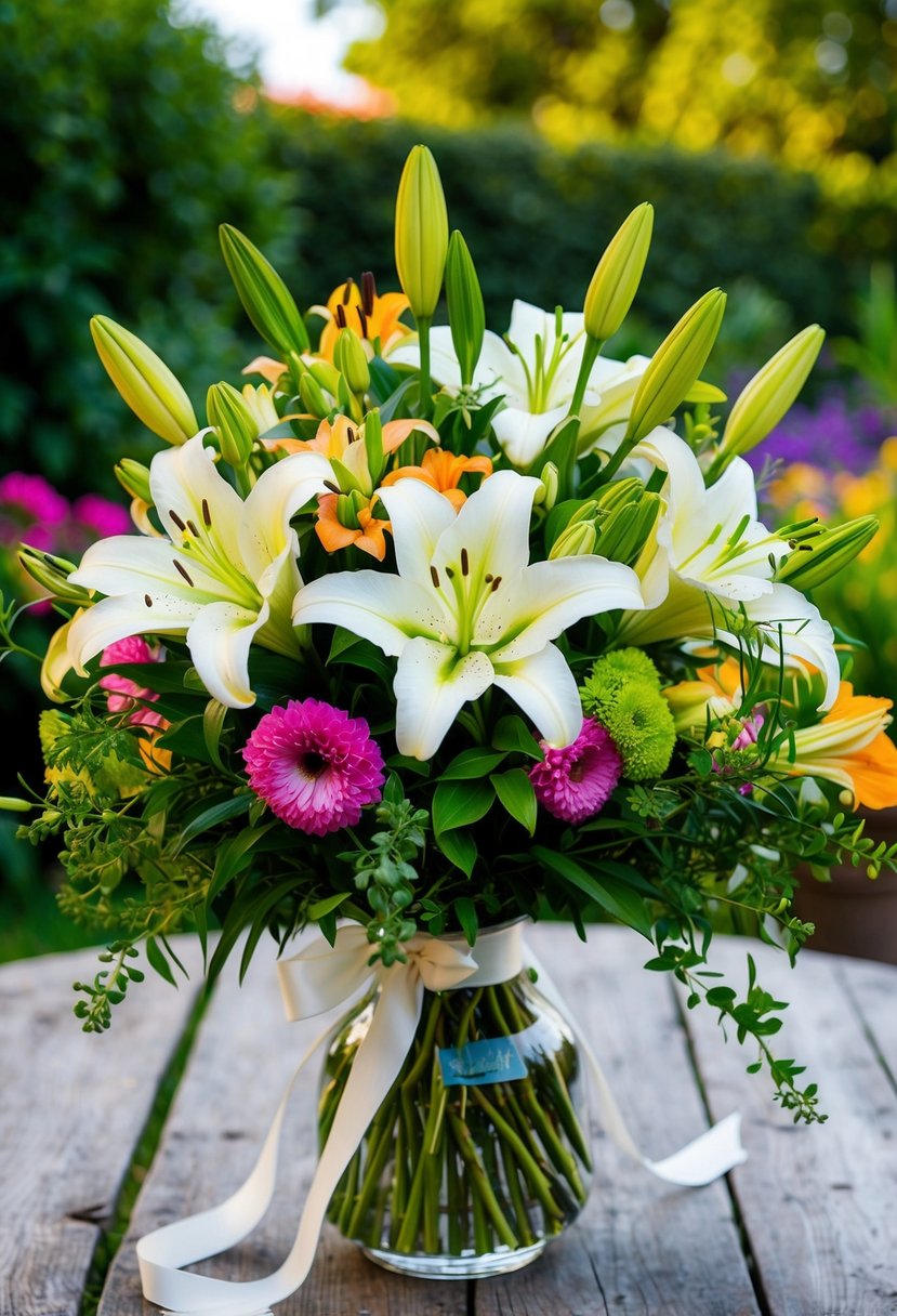 A lush garden bouquet with lilies, tied with ribbon, sits on a rustic wooden table. Greenery and colorful flowers create a romantic and elegant arrangement