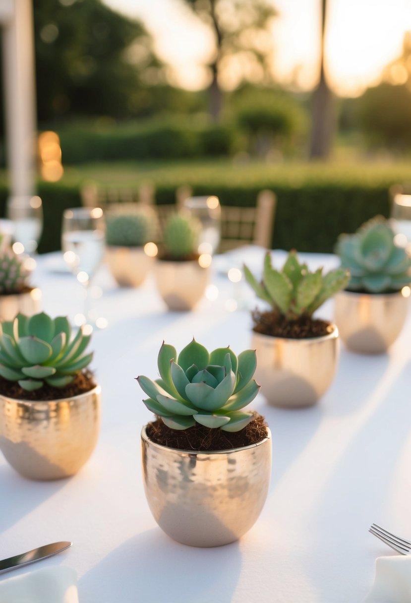 Miniature succulent planters arranged on wedding tables