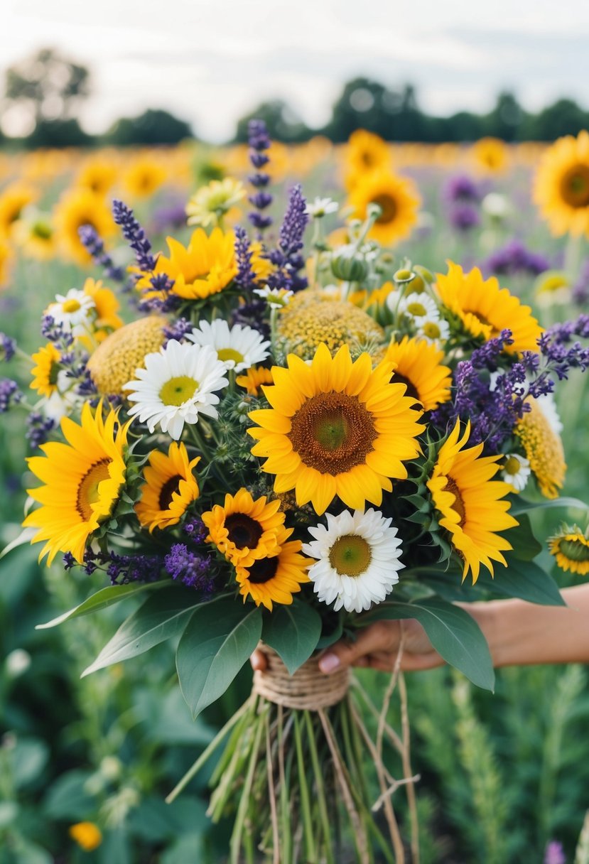 A vibrant array of wildflowers, including daisies, sunflowers, and lavender, arranged in a loose, bohemian style bouquet