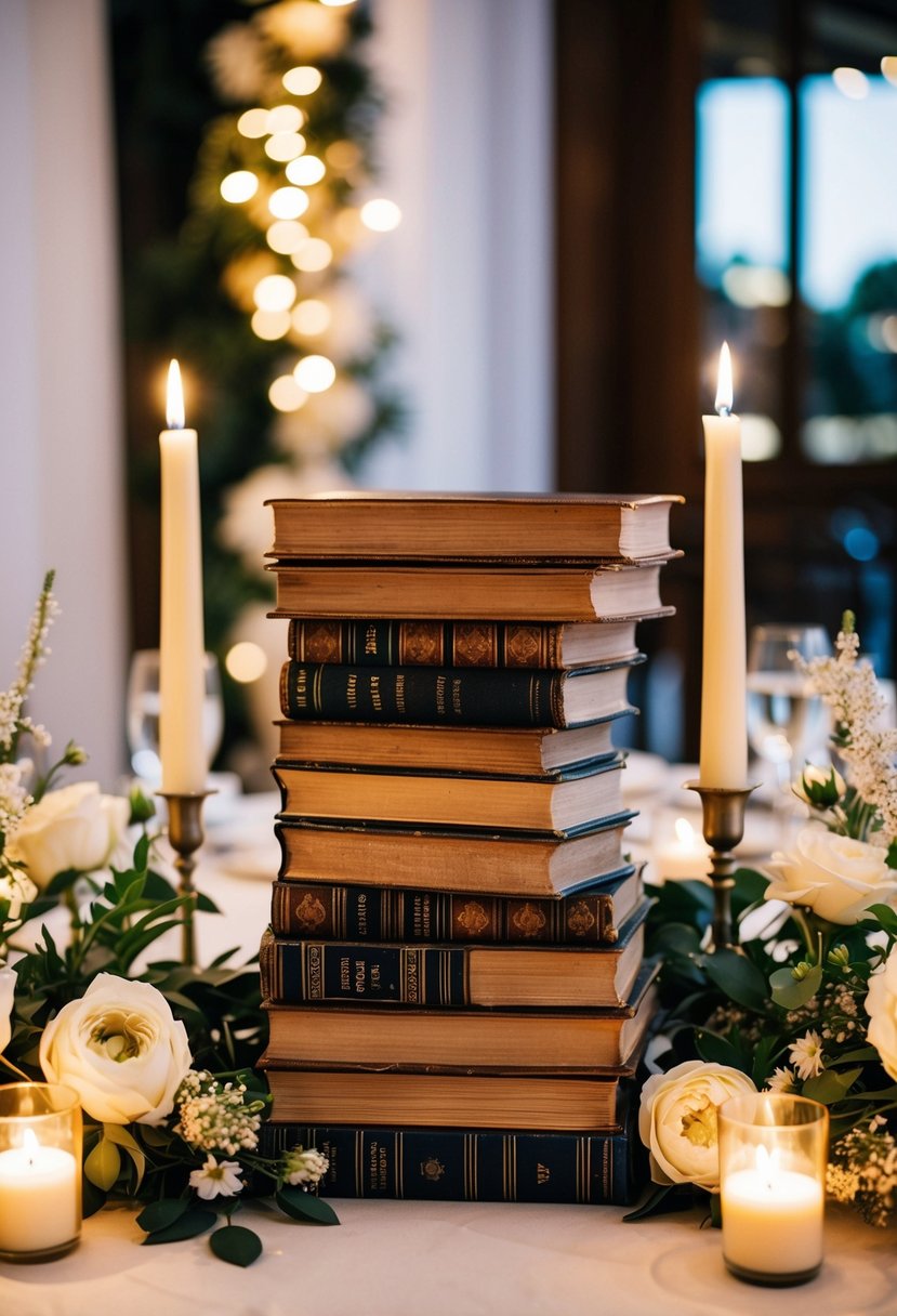 A stack of vintage books arranged as a centerpiece on a wedding table, surrounded by delicate floral arrangements and flickering candles