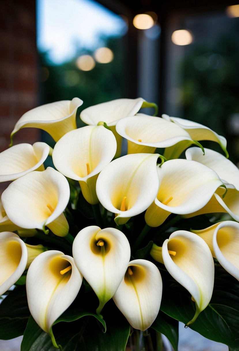 A cluster of elegant calla lilies arranged in a wedding bouquet