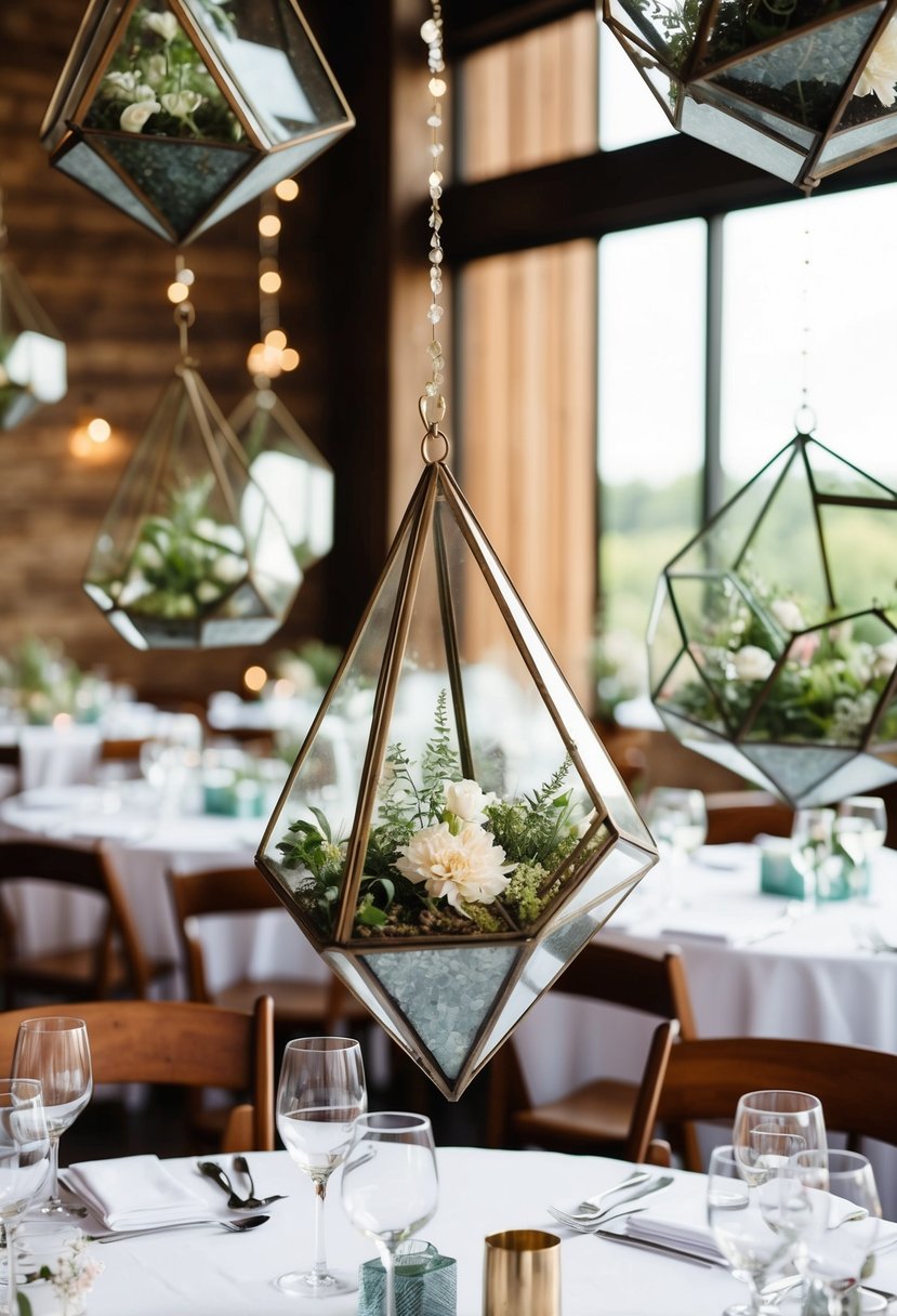 Geometric terrariums hang above wedding tables, filled with greenery and delicate flowers