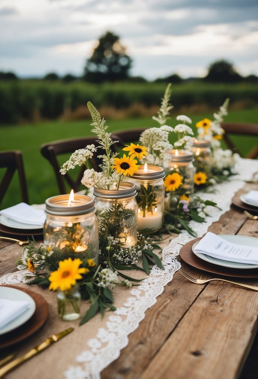 A rustic wooden table adorned with jam jar candle holders, wildflowers, and lace for a charming wedding centerpiece