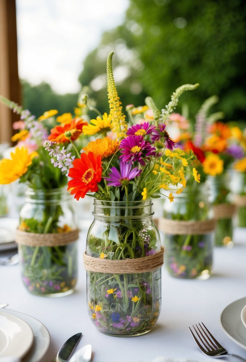 Mason jars filled with colorful wildflowers arranged as wedding table decorations