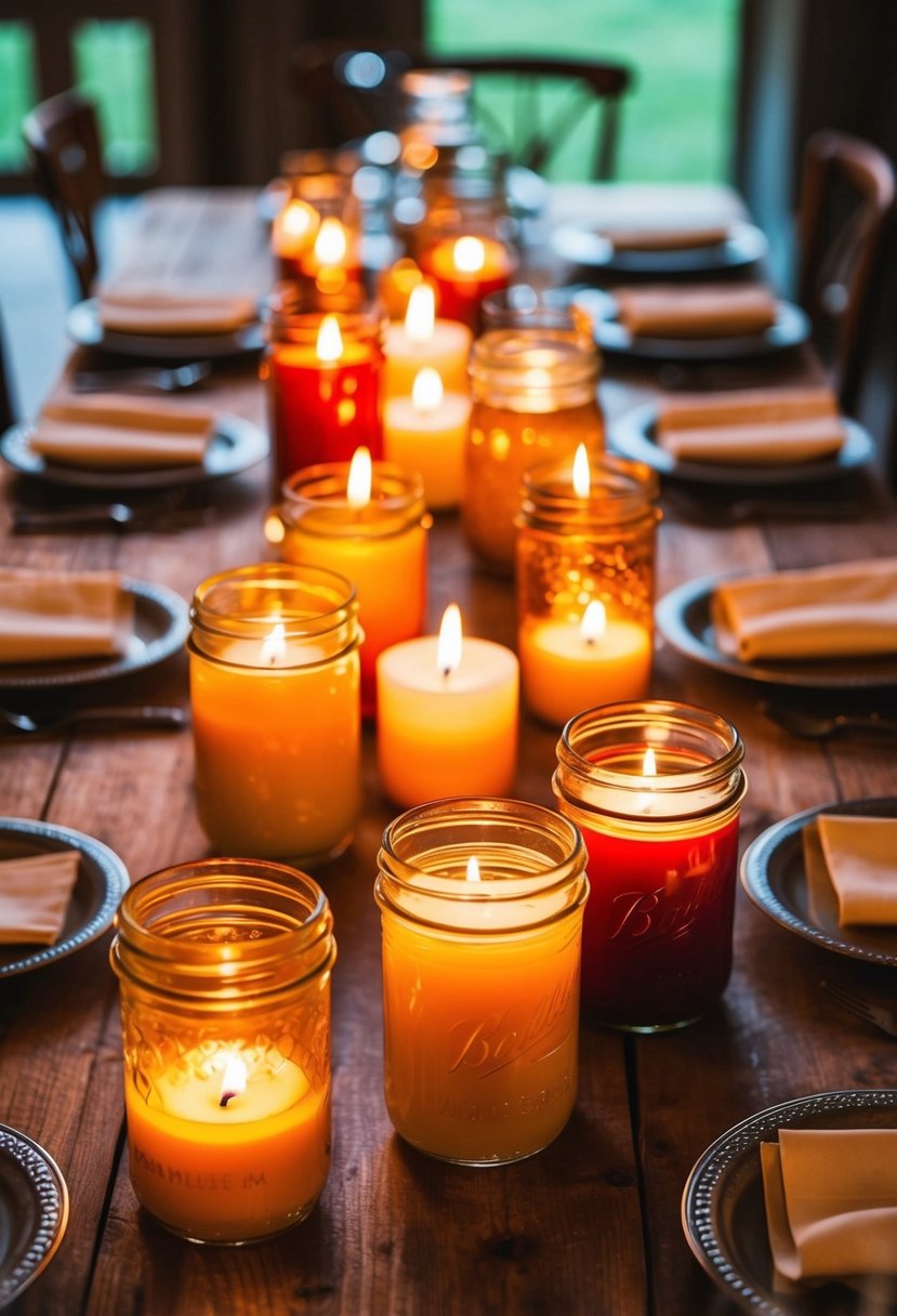 Jam jars filled with candles illuminate a rustic wedding table, casting a warm and charming glow