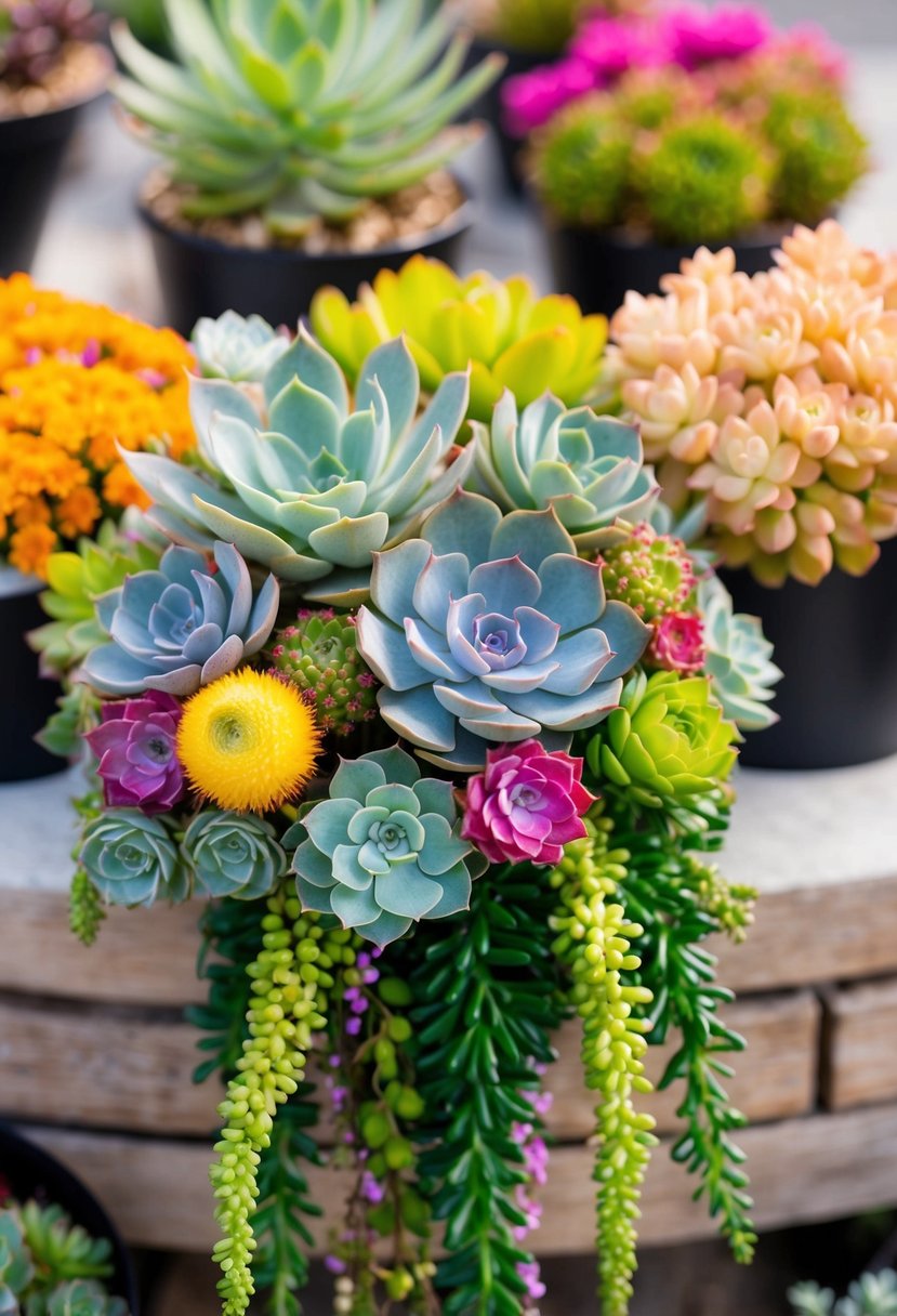 A collection of vibrant succulents arranged in a cascading bouquet, showcasing a variety of shapes, colors, and textures