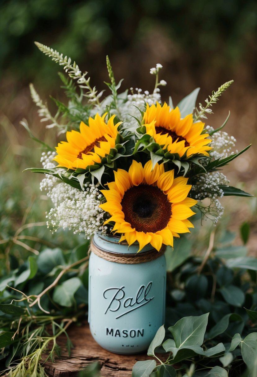 A rustic sunflower arrangement in a vintage mason jar, surrounded by wild greenery and delicate baby's breath