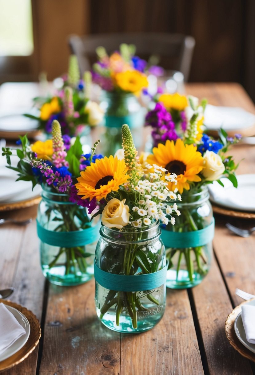 Mason jars filled with colorful flowers arranged on a rustic wooden table for a charming wedding centerpiece