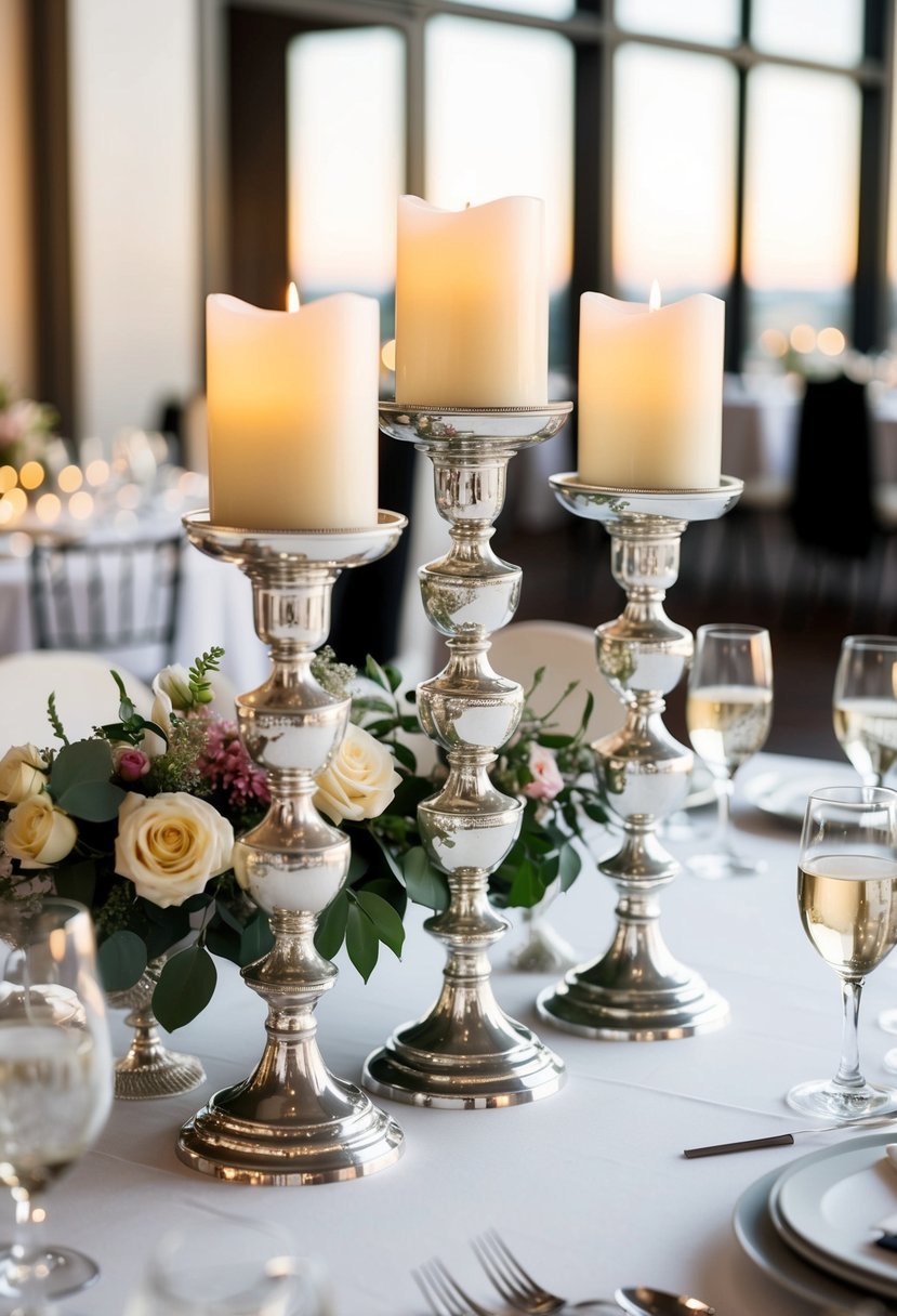 Antique silver candle stands arranged on a wedding reception table with floral centerpieces and elegant place settings