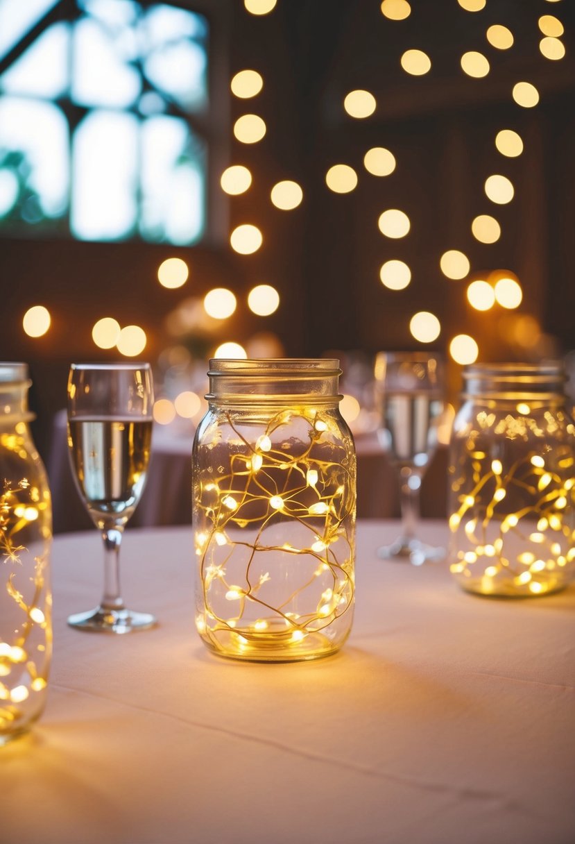 Fairy lights twinkle inside jam jars on wedding tables, creating a magical ambiance