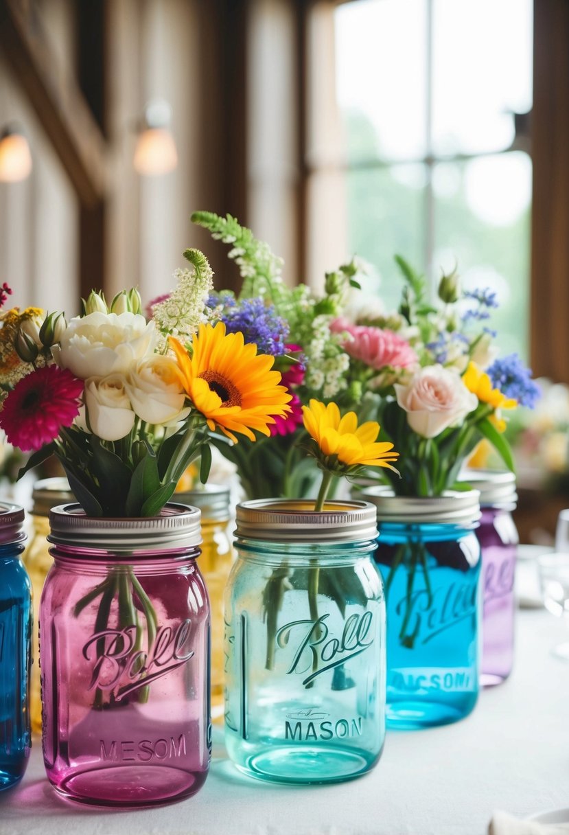 Colorful jam jars filled with flowers in wedding theme colors arranged on a table for a charming and rustic wedding decor