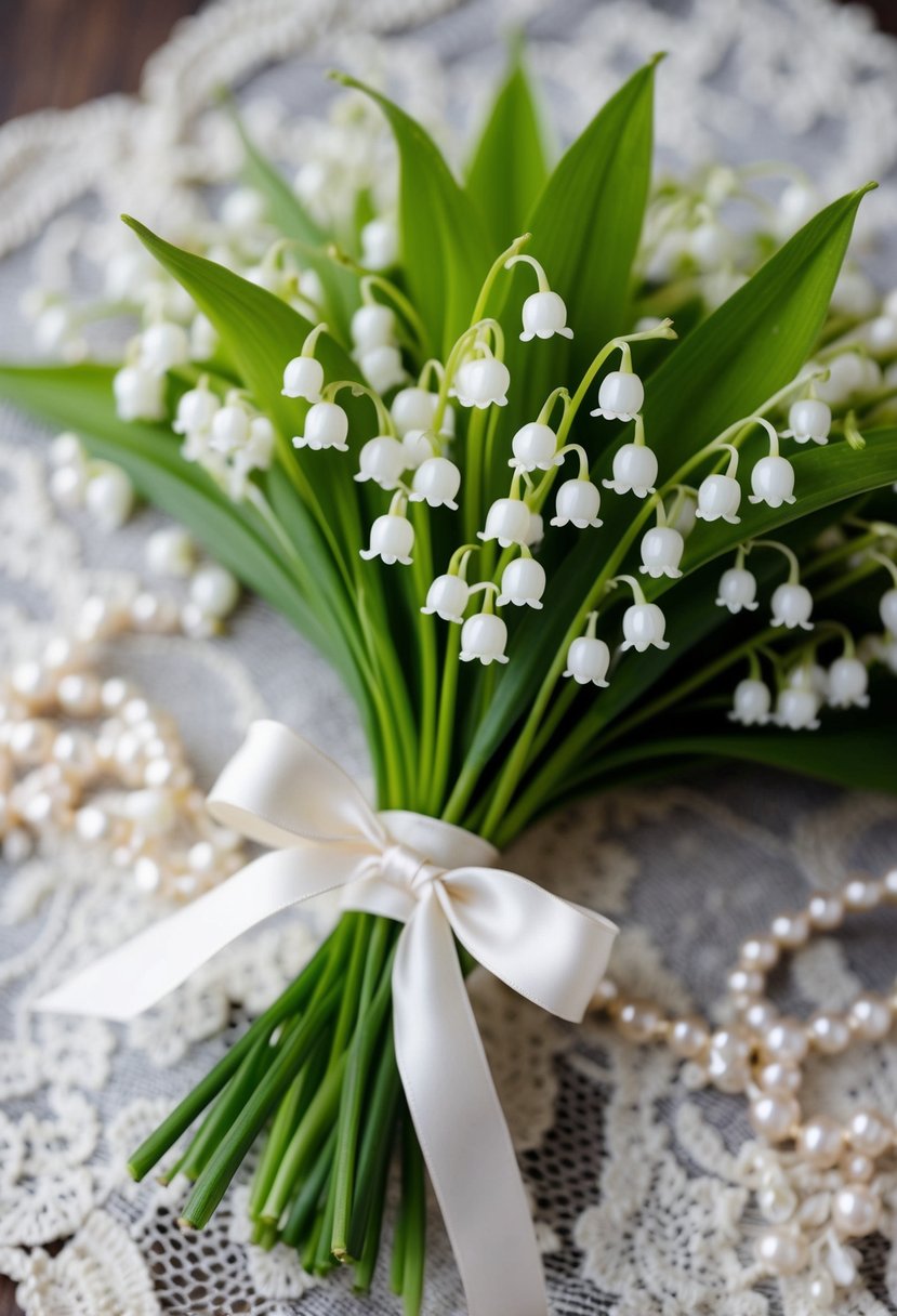 A delicate lily of the valley bouquet tied with silk ribbon, surrounded by vintage lace and pearls