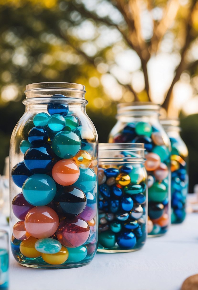 Colorful marbles and pebbles fill glass jars, arranged as wedding table decorations