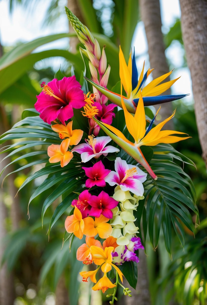 A vibrant mix of tropical flowers, including hibiscus, orchids, and bird of paradise, arranged in a cascading bouquet