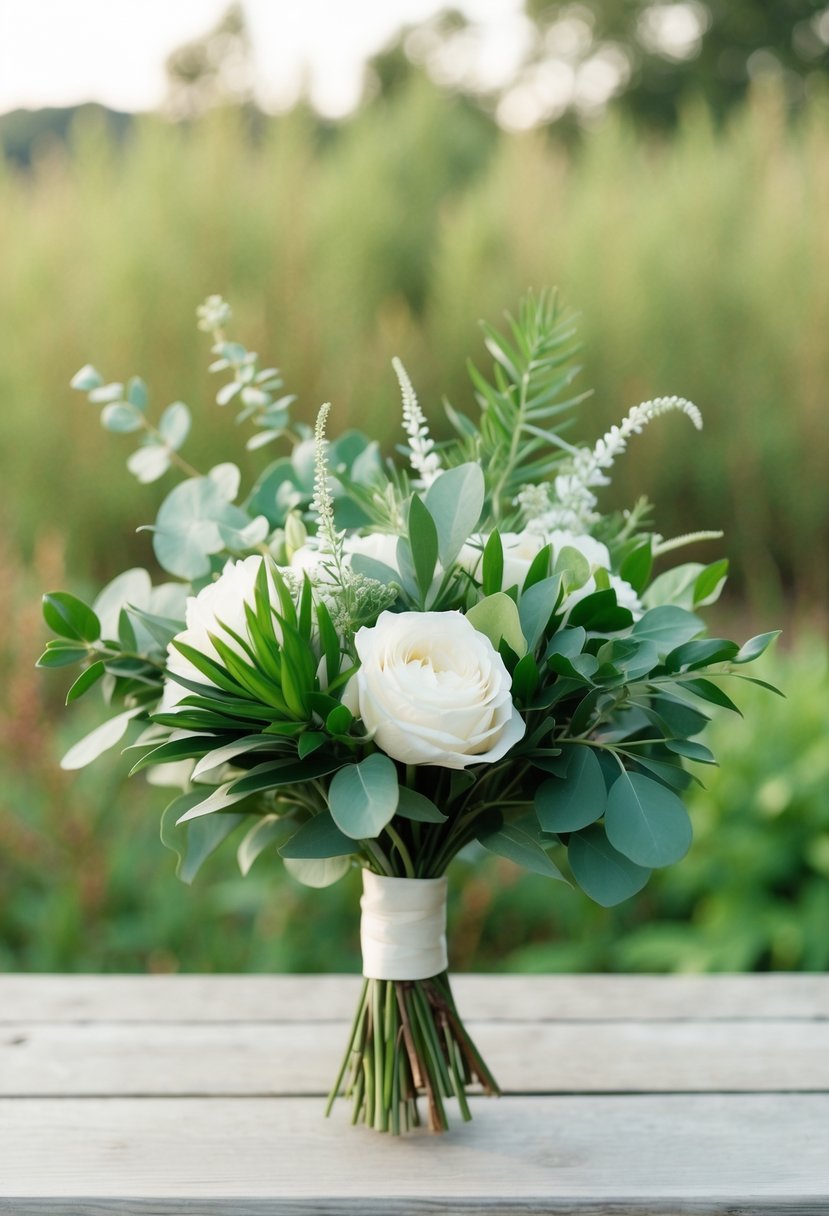 A simple wedding bouquet with greenery and foliage, arranged in a minimalist style