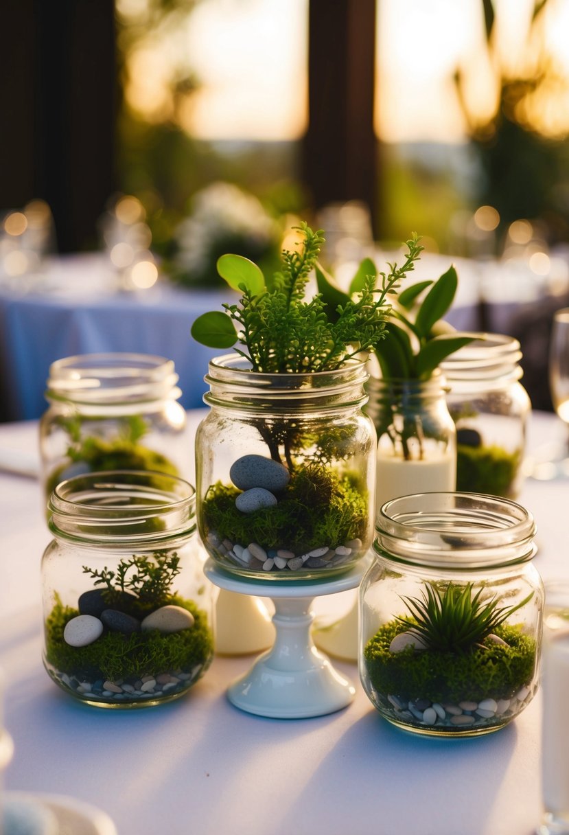 Mini terrariums in jam jars, arranged on a wedding table. Moss, small plants, and pebbles create a unique centerpiece