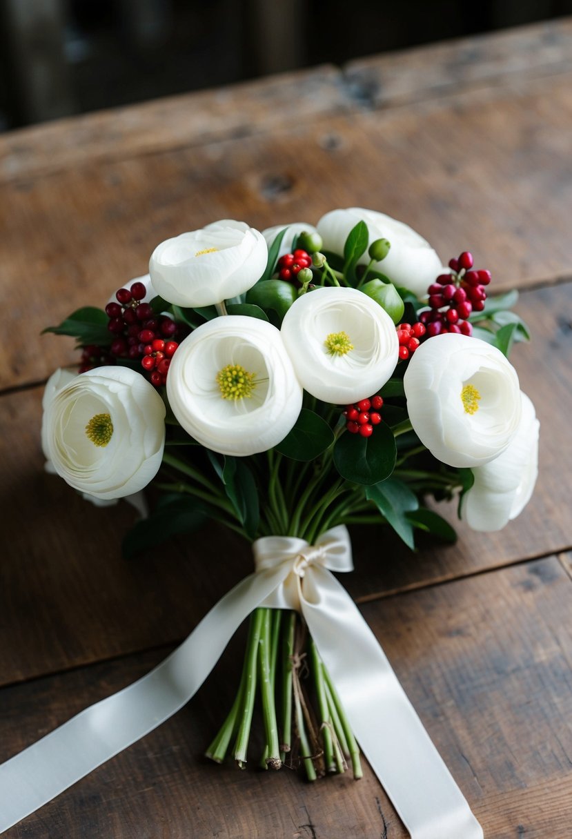 A bouquet of winter white ranunculus and berries, tied with a satin ribbon, resting on a rustic wooden table