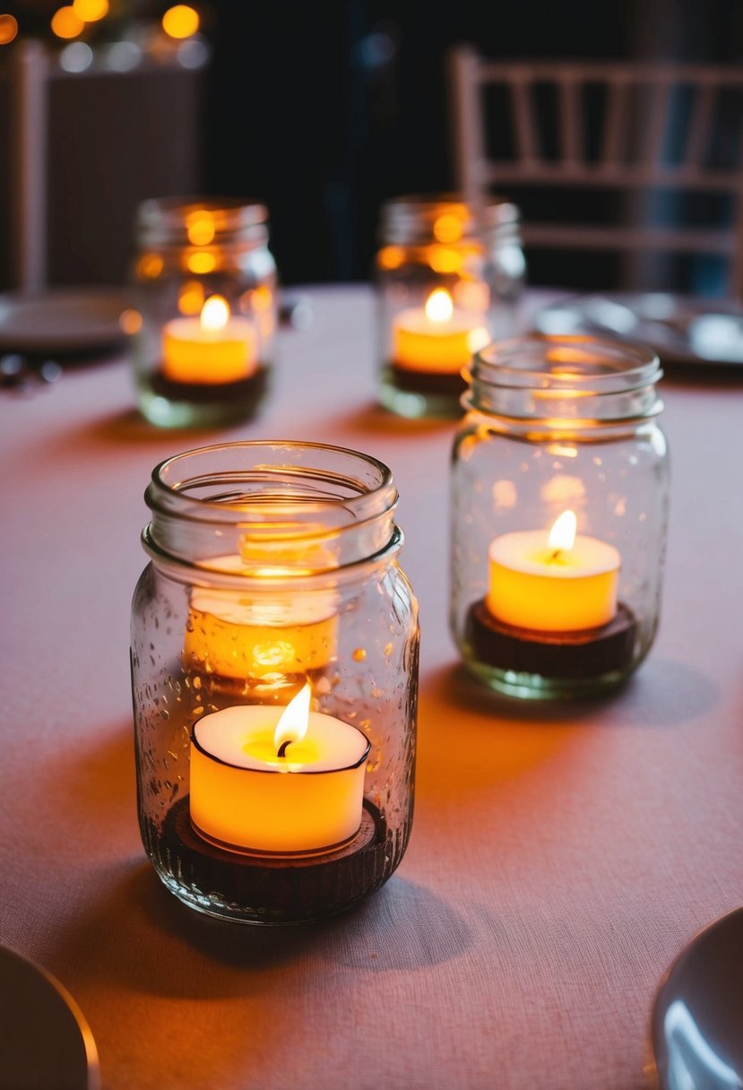 Battery-operated tealights glow inside glass jars, illuminating a wedding table with a warm, flickering light