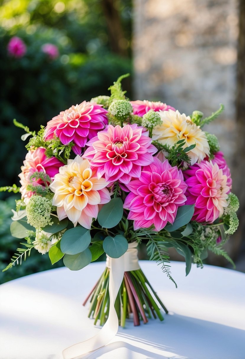 A vibrant bunch of dahlia flowers arranged in a bridal bouquet, with lush greenery and delicate ribbon accents