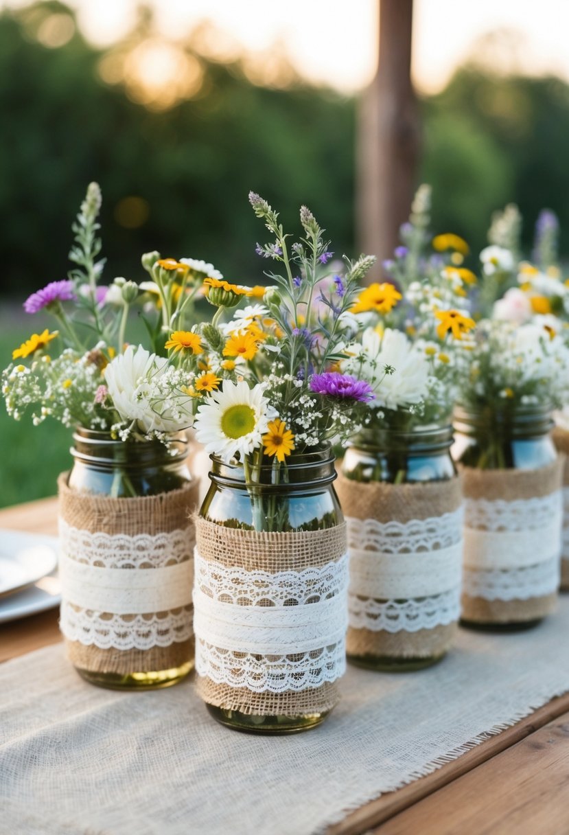 Jars wrapped in lace and burlap, adorned with wildflowers, arranged on a wooden table for a rustic wedding setting