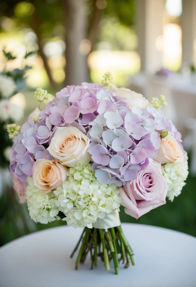 A delicate bouquet of pastel hydrangeas and roses arranged in a medley, perfect for a bride's wedding