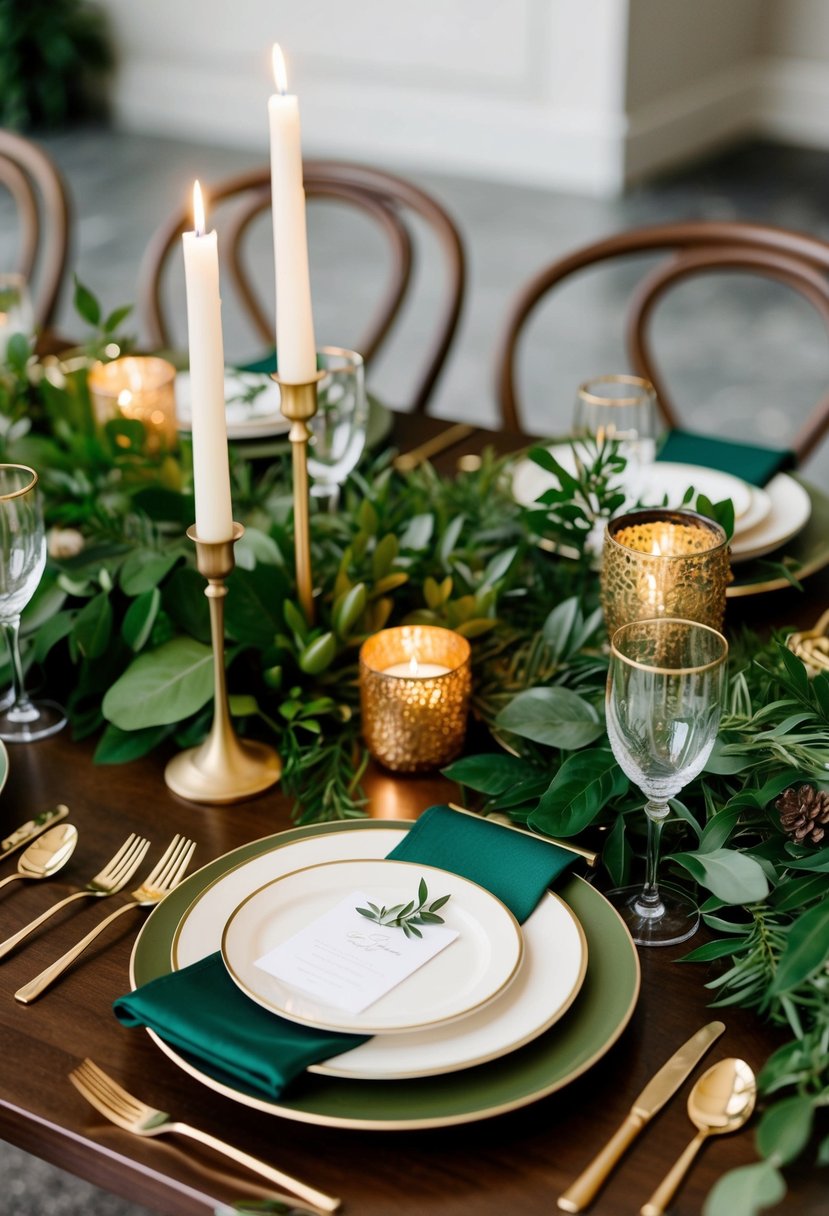 A lush green and gold tablescape with foliage, candles, and elegant place settings