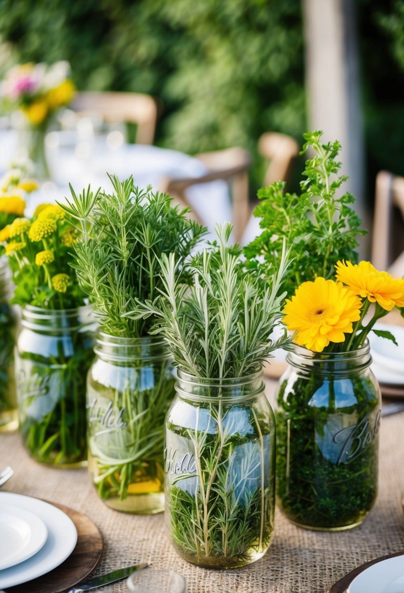 Jars filled with vibrant, fresh herbs arranged on a rustic table for a fragrant and natural wedding centerpiece