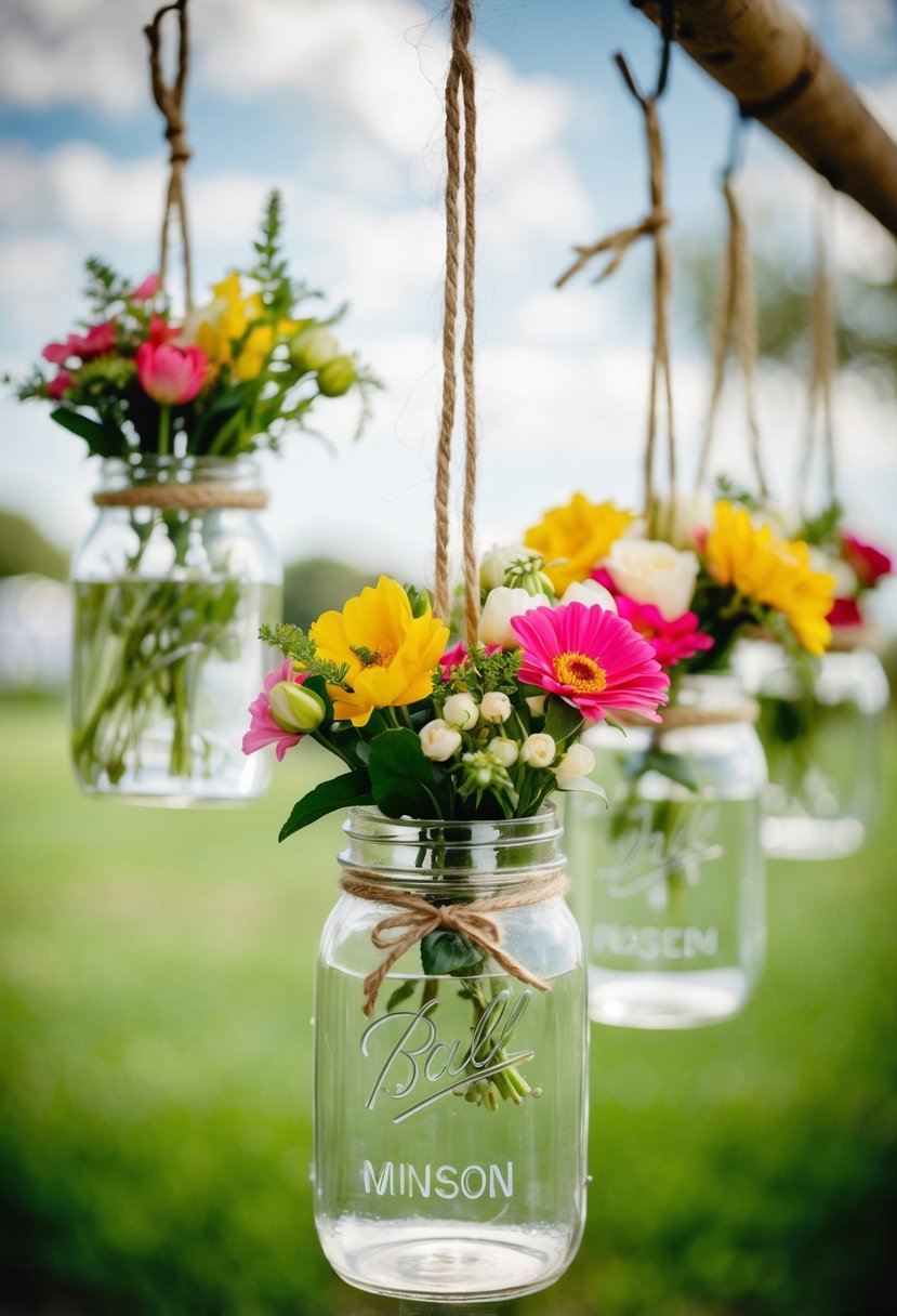 Jars suspended by twine, adorned with flowers, hang as wedding table decorations