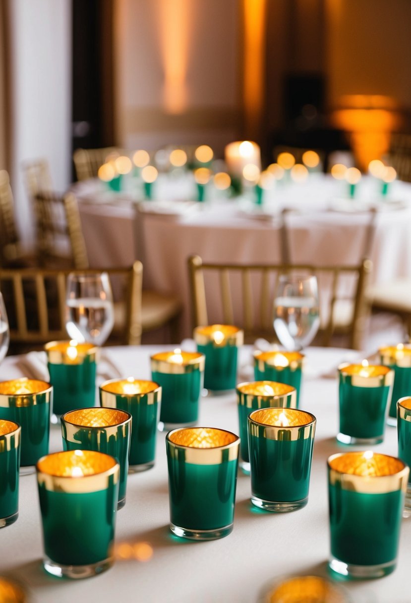 Emerald green and gold votive candle holders arranged on a wedding reception table, casting a warm and elegant glow