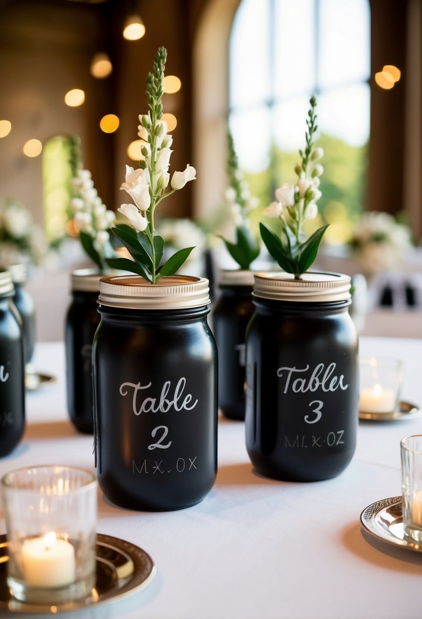 Jars with chalkboard paint, labeled with table numbers, arranged as wedding decorations