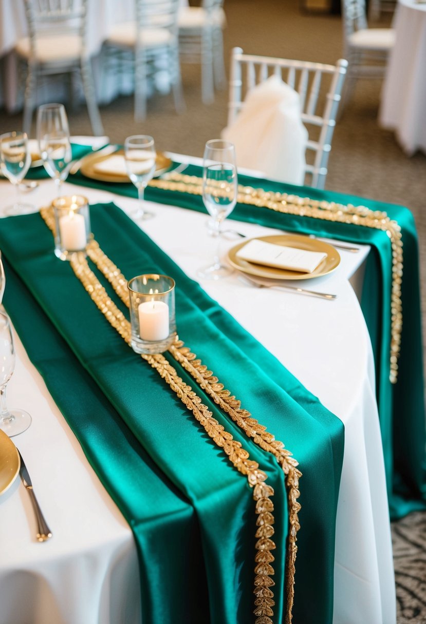 Emerald green silk table runners adorned with gold accents, set on a wedding reception table