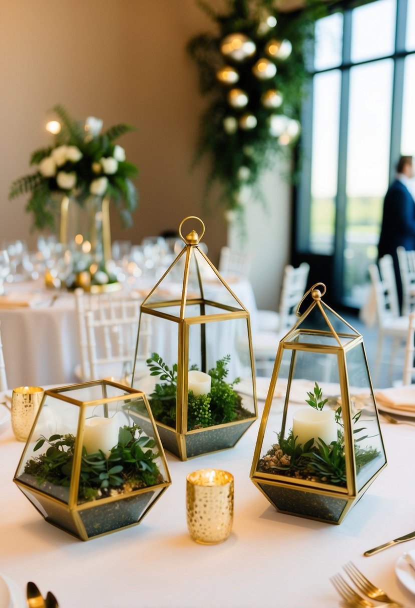 Gold terrariums filled with greenery arranged on a wedding table