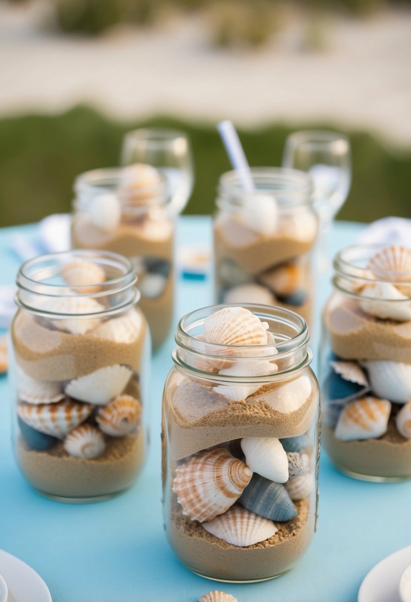 Jars filled with sand and seashells, arranged as table decorations for a beach-themed wedding