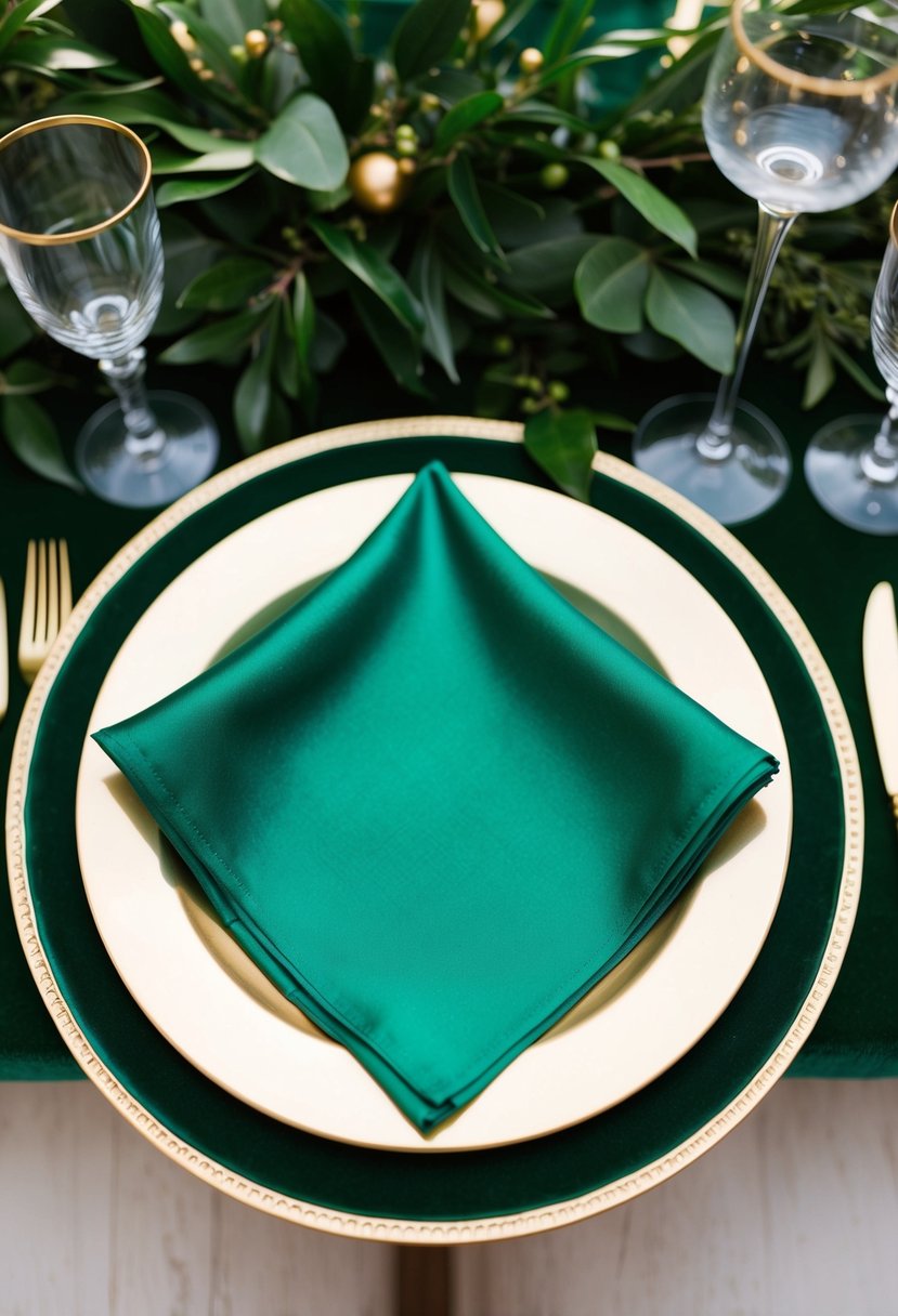 Emerald green satin napkins neatly folded on a gold-rimmed table, surrounded by lush green foliage and golden accents