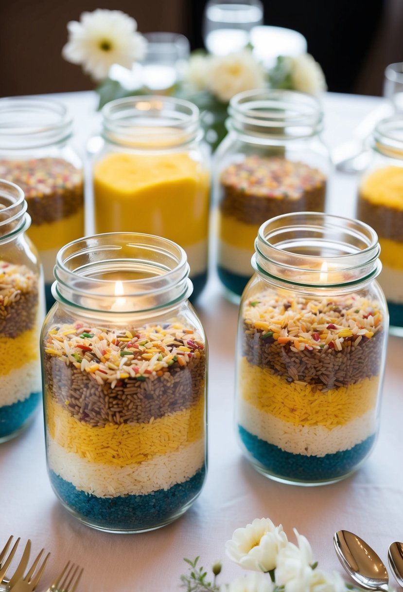 Multiple glass jars filled with layers of colored rice or sand, arranged as wedding table decorations